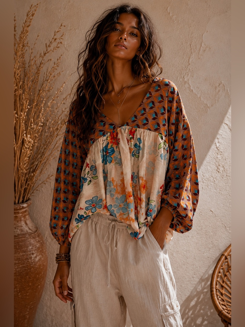 Bohemian Floral Patchwork V-Neck Blouse - Cream & Rust